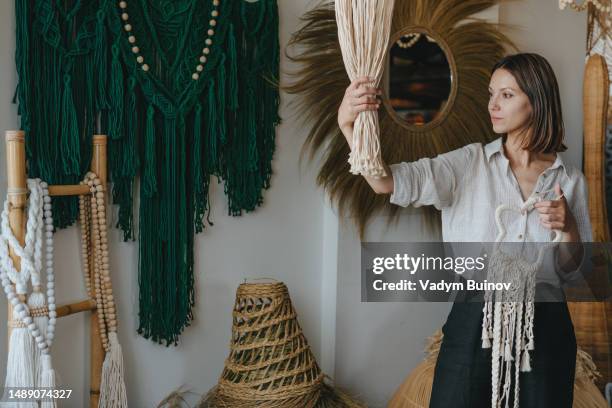 portrait of female craftperson in her workshop - basket weaving stock pictures, royalty-free photos & images