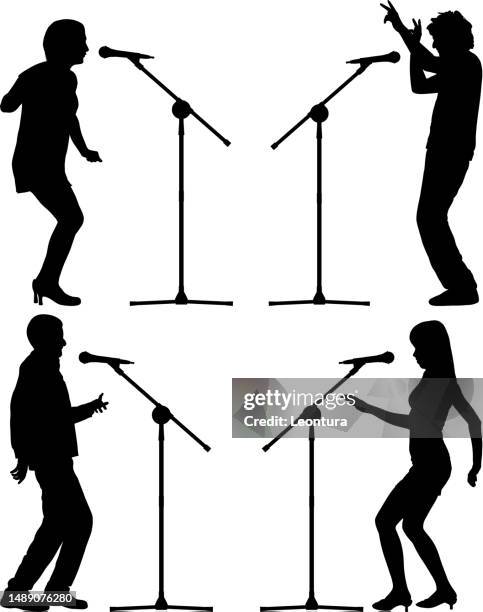 ilustraciones, imágenes clip art, dibujos animados e iconos de stock de siluetas cantantes. - base de pie para micrófono
