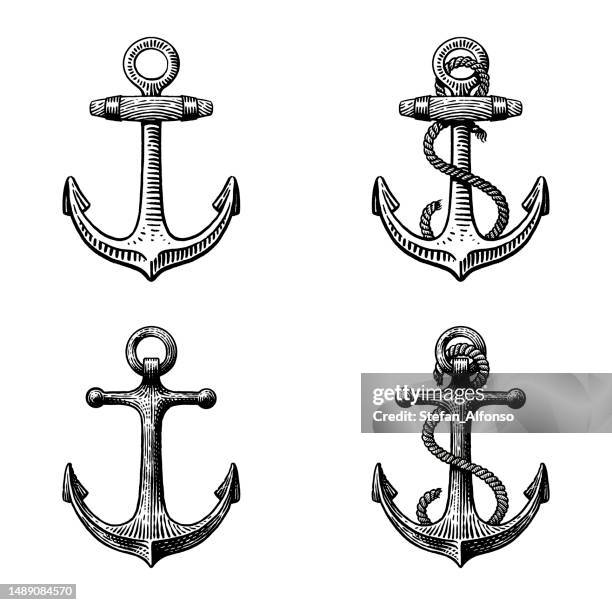 anchors of a ship. vector drawings in vintage engraving style - anchor illustration stock illustrations