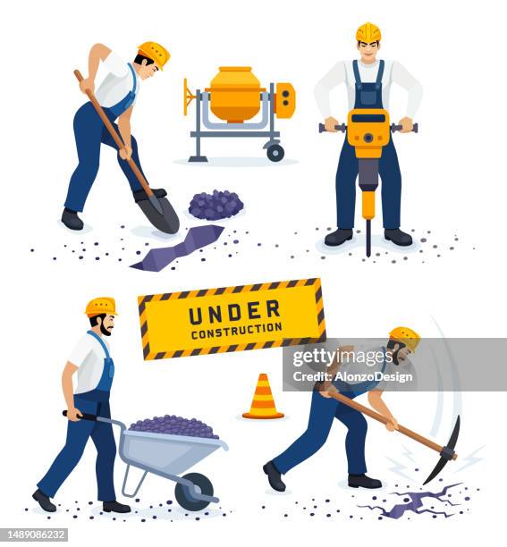 ilustrações de stock, clip art, desenhos animados e ícones de construction workers. - equipamento de jardinagem