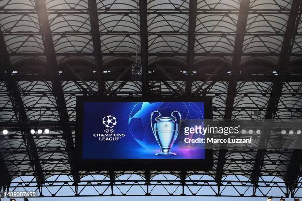 Detailed view of the LED Screen on the inside of the stadium as it displays the UEFA Champions League logo prior to the UEFA Champions League...