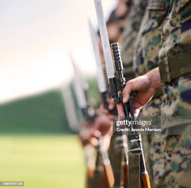 army soldiers ready for war command - bayonet stock pictures, royalty-free photos & images