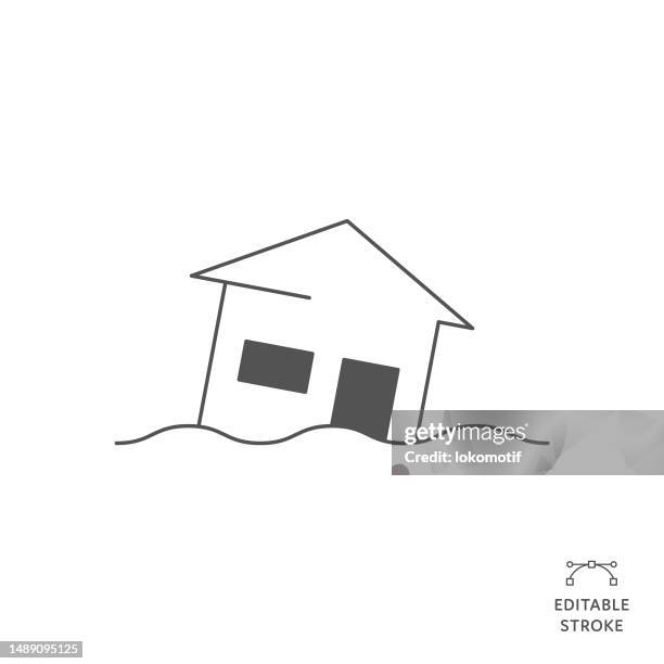 flood disaster flat line icon with editable stroke. the icon is suitable for web design, mobile apps, ui, ux, and gui design. - home evacuation stock illustrations