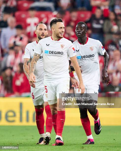 Lucas Ocampos of Sevilla FC celebrates after scoring the team's first goal during the LaLiga Santander match between Athletic Club and Sevilla FC at...