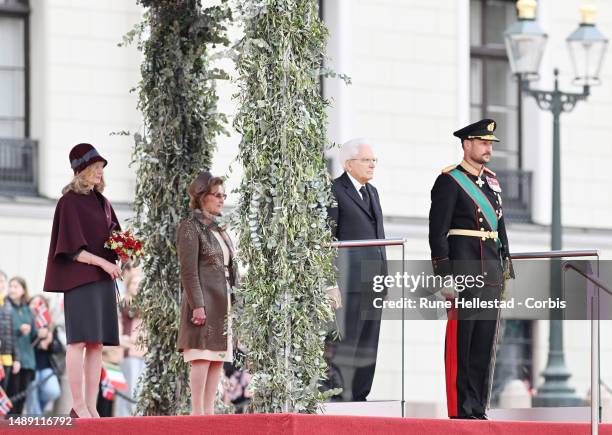 Italian President Sergio Mattarella, Laura Mattarella, Norwegian Crown Prince Haakon and Queen Sonja attend the welcoming ceremony for the Italian...