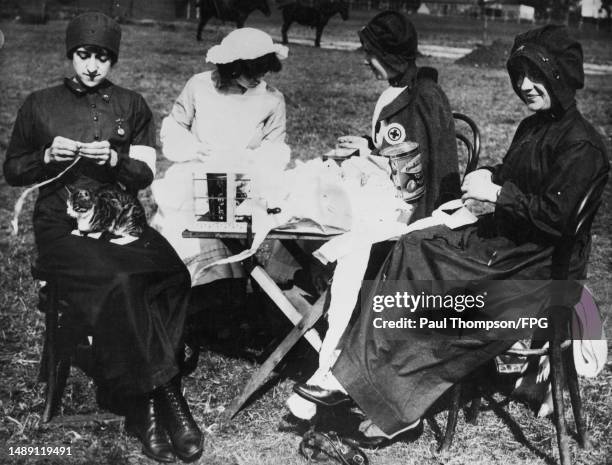 Group of women, one with a cat sitting on her lap, sit around a folding table preparing bandages in the grounds of the Royal Hospital Chelsea in...