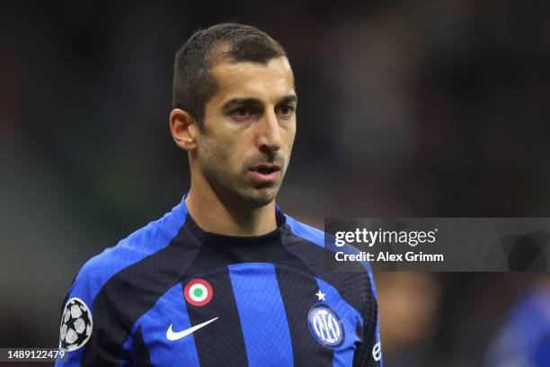 Henrikh Mkhitaryan of FC Internazionale reacts during the UEFA Champions League semi-final first leg match between AC Milan and FC Internazionale at...