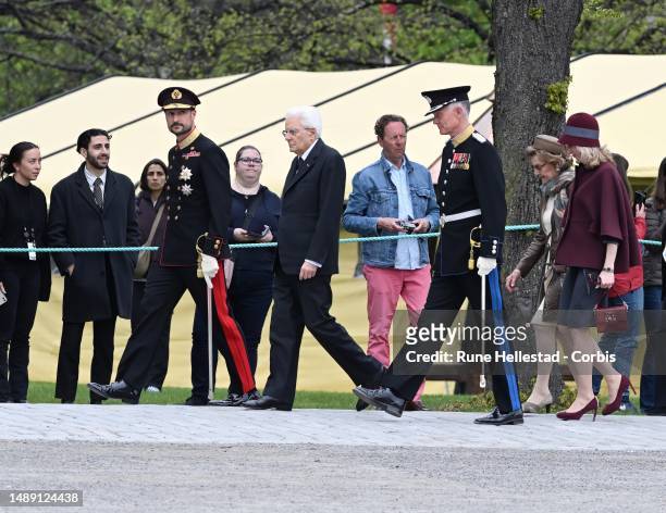 Italian President Sergio Mattarella, Laura Mattarella, Norwegian Crown Prince Haakon,and Queen Sonja attend a wreath laying ceremony for the Italian...