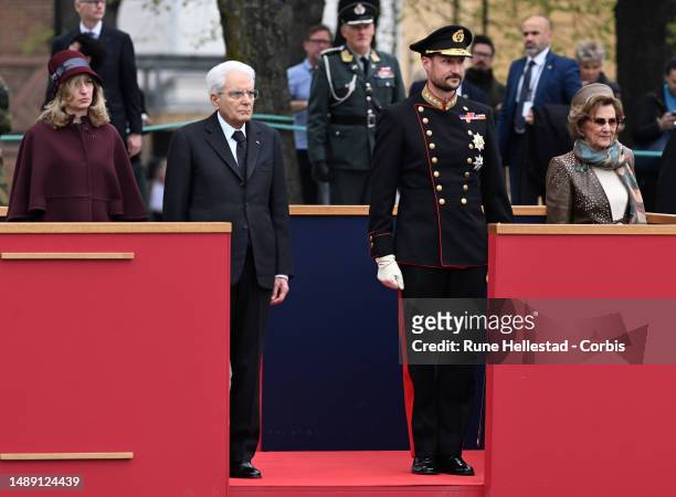 Italian President Sergio Mattarella, Laura Mattarella, Norwegian Crown Prince Haakon,and Queen Sonja attend a wreath laying ceremony for the Italian...