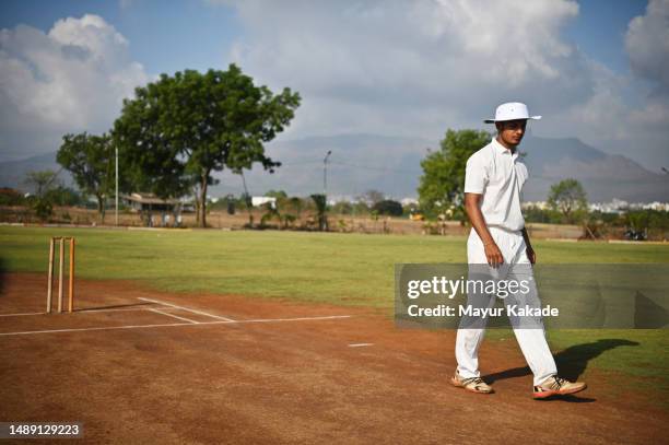 captain inspecting the cricket pitch before the start of a match - crease cricket field stockfoto's en -beelden