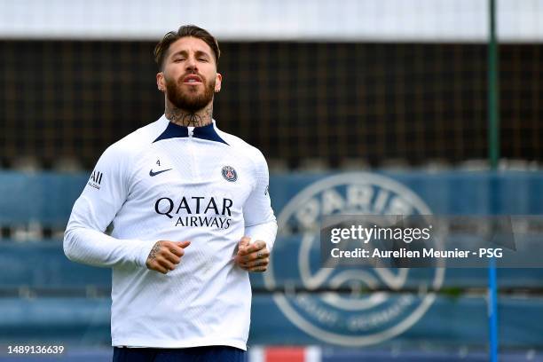 Sergio Ramos warms up during a Paris Saint-Germain training session on May 11, 2023 in Paris, France.