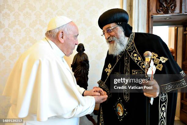 Pope Francis meets Coptic Orthodox Pope Tawadros II during an audience at the Apostolic Palace on May 11, 2023 in Vatican City, Vatican. Pope Francis...