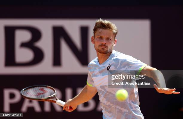 David Goffin of Belgium plays a forehand shot against Luca Nardi of Italy during the Men's Singles First Round match on Day Four at Foro Italico on...