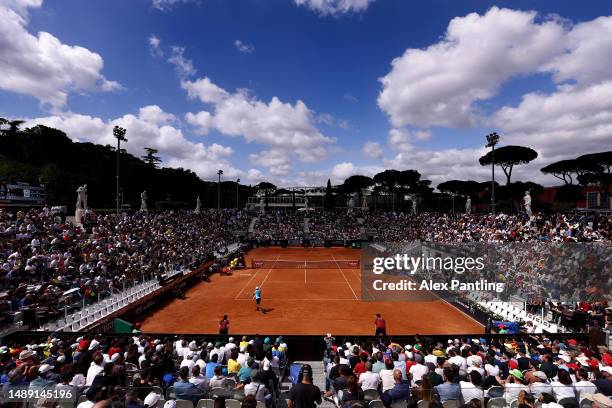 General view of the Nicola Pietrangeli Stadium as Mackenzie McDonald of the United States plays a backhand shot against Marco Cecchinato of Italy...