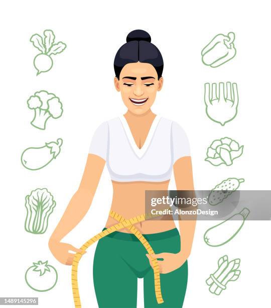fit young woman measuring her waist. slim girl with centimeter. - flat abs woman stock illustrations