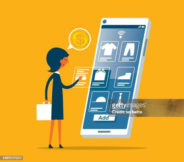 ilustrações de stock, clip art, desenhos animados e ícones de online shopping - businesswoman - debit cards credit cards accepted