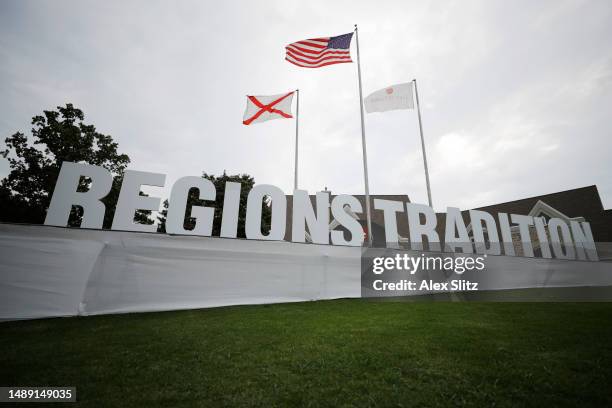 General view of signage near the clubhouse during the first round of the Regions Tradition at Greystone Golf and Country Club on May 11, 2023 in...