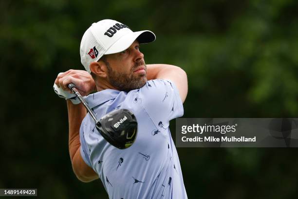 Kevin Tway of the United States plays his shot from the fifth tee during the first round of the AT&T Byron Nelson at TPC Craig Ranch on May 11, 2023...