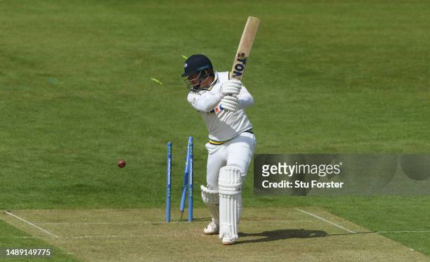 Yorkshire batsman Jonathan Bairstow is bowled by Durham bowler Bas de Leede during day one of the LV= Insurance County Championship Division 2 match...