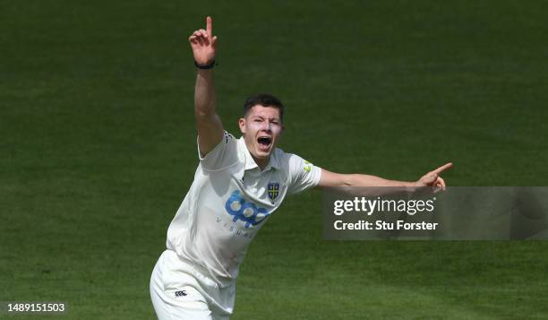 Durham bowler Matthew Potts celebrates after taking the wicket of Shan Masood during day one of the LV= Insurance County Championship Division 2...