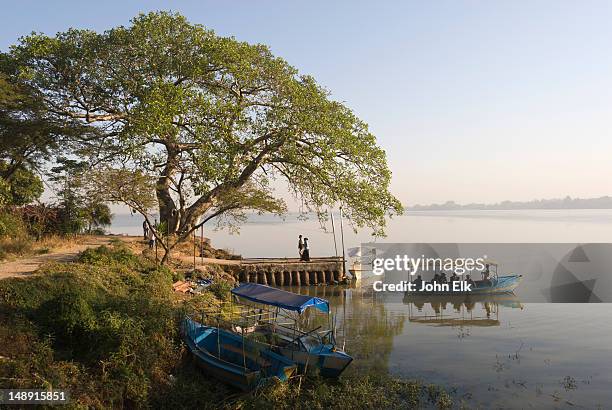 lake tana landscape with boats and small dock. - lake tana stock pictures, royalty-free photos & images