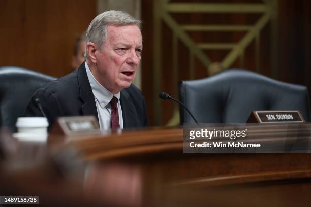 Sen. Dick Durbin asks questions while U.S. Secretary of Defense Lloyd Austin testifies before the Senate Appropriations Subcommittee on Defense May...