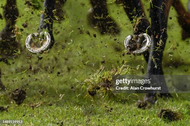 Hooves and grass at Chester Racecourse on May 11, 2023 in Chester, England.