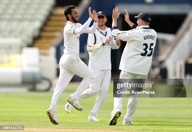 Hassan Ali of Warwickshire CCC celebrates after taking the wicket of Nick Browne of Essex CCC during day one of the LV= Insurance County Championship...