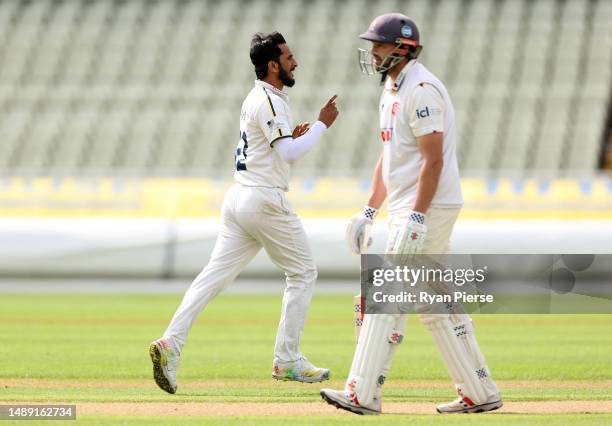 Hassan Ali of Warwickshire CCC celebrates after taking the wicket of Nick Browne of Essex CCC during day one of the LV= Insurance County Championship...