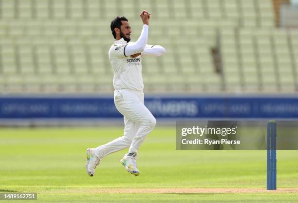 Hassan Ali of Warwickshire CCC bowls during day one of the LV= Insurance County Championship Division 1 match between Warwickshire and Essex at...