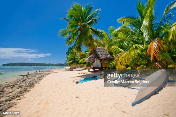 small polynesian style beach hut under palmtrees, with upturned outrigger on beach. - moorea stock pictures, royalty-free photos & images