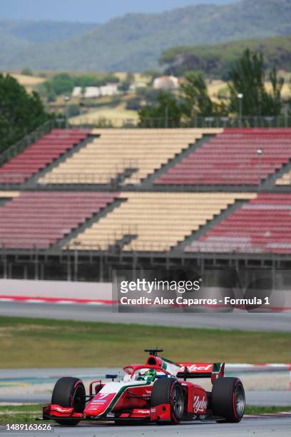 Frederik Vesti of Denmark and PREMA Racing drives on track during day two of Formula 2 Testing at Circuit de Barcelona-Catalunya on May 11, 2023 in...