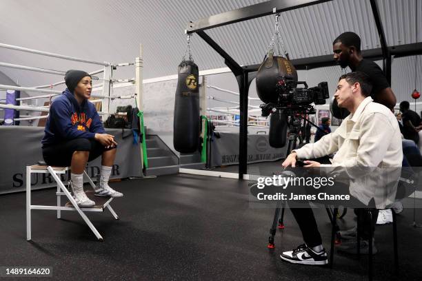 General view as Cecilia Braekhus is interviewed during the Cecilia Braekhus Media Workout ahead of her WBA World Super Welterweight fight against...