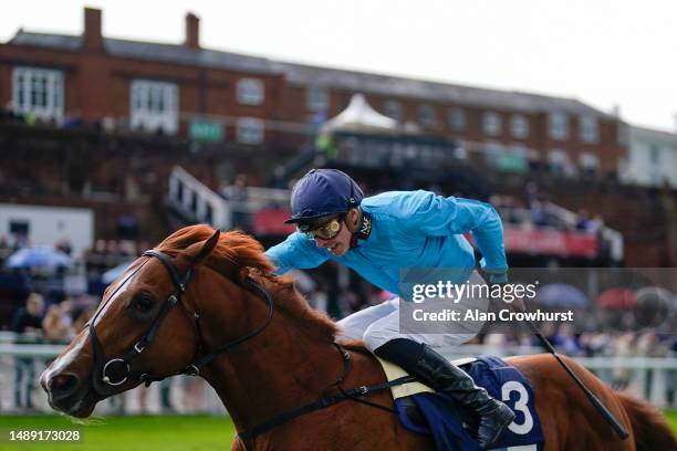 James Doyle riding Hackman win The British EBF Ruby Anniversary Maiden Stakes at Chester Racecourse on May 11, 2023 in Chester, England.