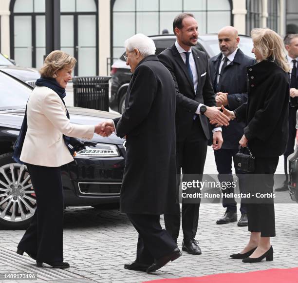 Italian President Sergio Mattarella, Laura Mattarella, Norwegian Crown Prince Haakon and Queen Sonja attend the National Museum for the Italian State...