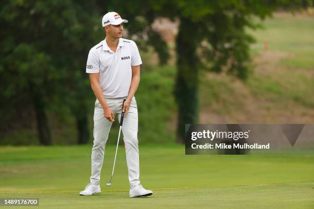 Matthias Schwab of Austria reacts on the fourth green during the first round of the AT&T Byron Nelson at TPC Craig Ranch on May 11, 2023 in McKinney,...