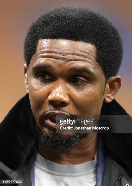 Former striker Samuel Eto'o comments for Amazon Prime following the UEFA Champions League semi-final first leg match between AC Milan and FC...