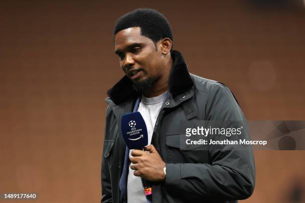 Former striker Samuel Eto'o comments for Amazon Prime following the UEFA Champions League semi-final first leg match between AC Milan and FC...