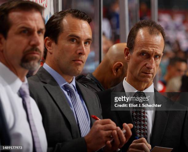 Florida Panthers Assistant Coaches Tuomo Ruutu and Jamie Kompon take notes during warm ups prior to taking on the Toronto Maple Leafs in Game Four of...