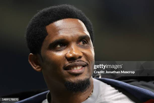 Former striker Samuel Eto'o comments for Amazon Prime following the UEFA Champions League semi-final first leg match between AC Milan and FC...