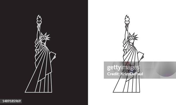 freiheitsstatue, schwarz-weiß, umriss, ikone - statue of liberty stock-grafiken, -clipart, -cartoons und -symbole