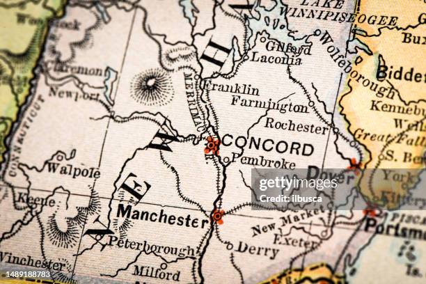 antique atlas map macro closeup: concord, new hampshire - concord new hampshire stock illustrations