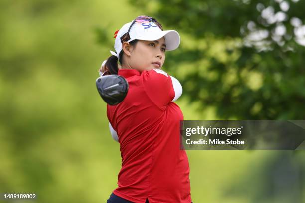 Moriya Jutanugarn of Thailand hits a tee shot on the second hole during the first round of the Cognizant Founders Cup at Upper Montclair Country Club...