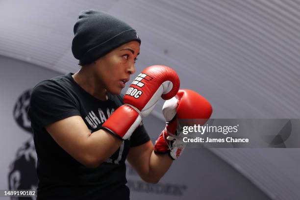 Cecilia Braekhus keeps their guard up as they spar during the Cecilia Braekhus Media Workout ahead of her WBA World Super Welterweight fight against...