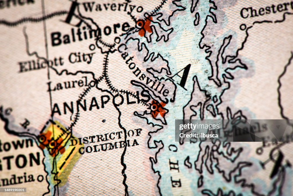 Primo piano macro della mappa dell'atlante antico: Annapolis, Maryland