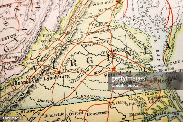 antique atlas map macro closeup: virginia - virginia stock illustrations