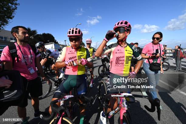 Jonathan Klever Caicedo of Ecuador and and Jefferson Alexander Cepeda of Ecuador and Team EF Education-EasyPost react after the 106th Giro d'Italia...