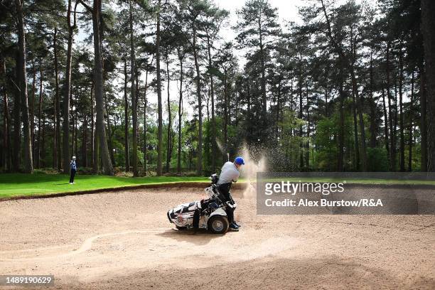 Graham Freeman of Belgium plays a bunker shot on the thirteenth hole during Day Two of The G4D Open on the Duchess course at Woburn Golf Club on May...