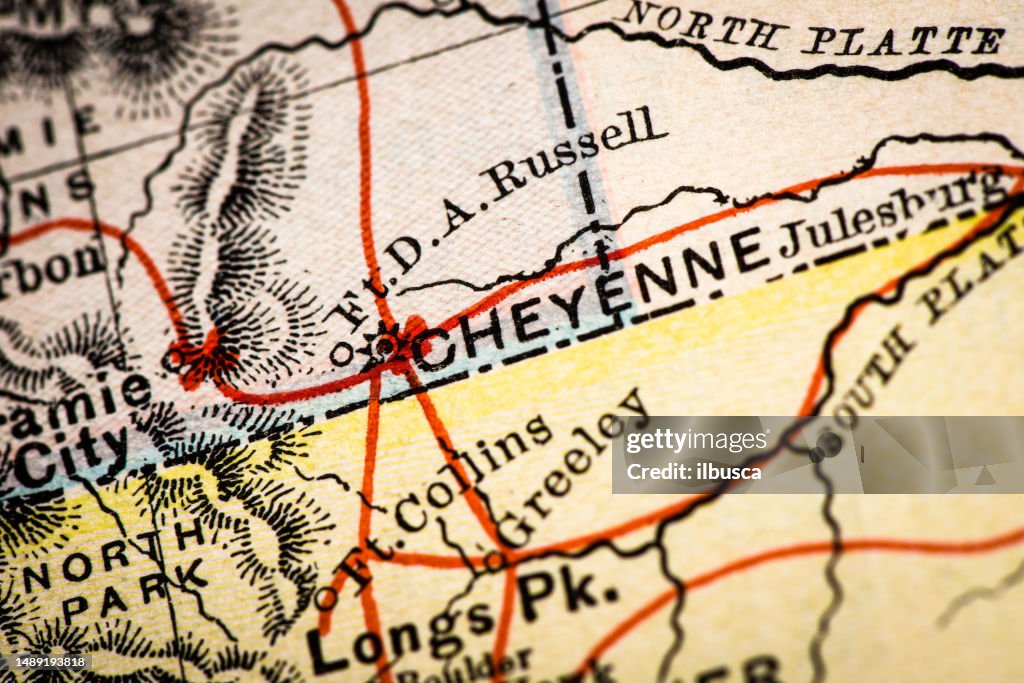 Antique atlas map macro closeup: Cheyenne, Wyoming