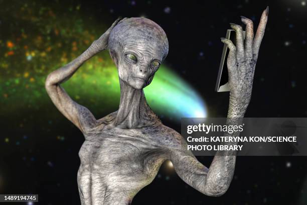 alien taking selfie, illustration - photographing stock illustrations